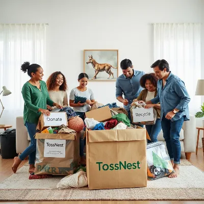Family happily decluttering a living room with TossNest, donating items to charity